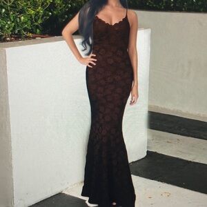 Elegant Lace Slip Maxi Dress in Chocolate Brown